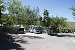 Wohnmobile und Autos auf einem Campingplatz, geparkt am Wegesrand unter hohen Bäumen und neben einer niedrigen Mauer.