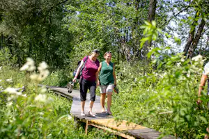 Camping am Badesee - Camperinnen beim Wandern in der Natur