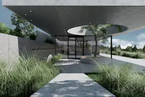 Moderner Camping-Pavillon mit Glasfront, Terrasse und Sitzbereich, umgeben von Ziergräsern und einem Baum im Garten.