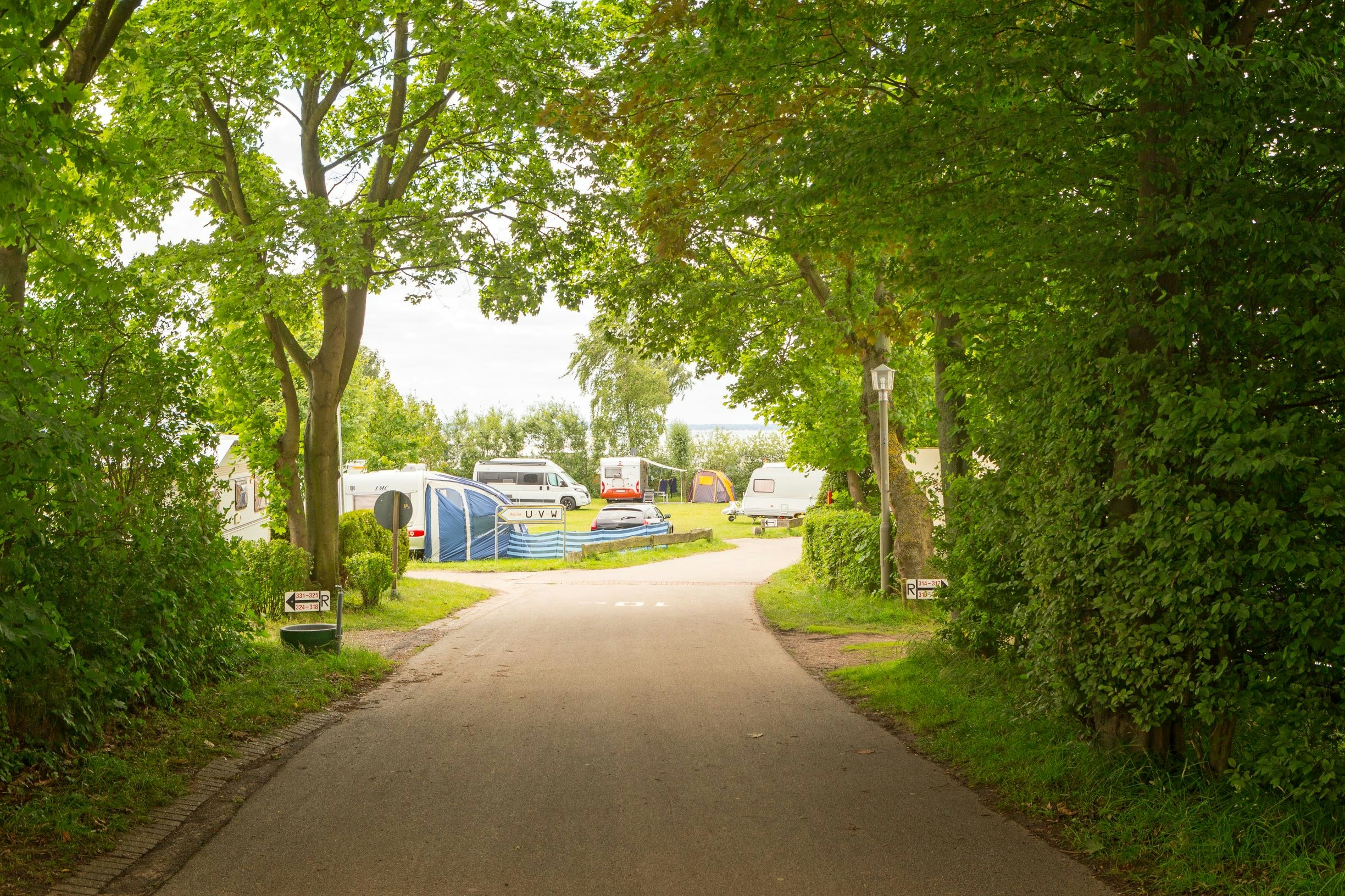 Schmale Zufahrtsstraße zwischen Hecken und Bäumen, am Ende Wohnwagen und ein Zelt im Campingbereich.