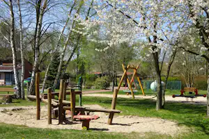 Spielplatz im Campinggarten mit Schaukel, Wippe und Sandfläche, umgeben von Birken und blühenden Bäumen.