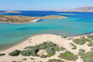 Luftaufnahme einer türkisfarbenen Bucht mit Sandstrand, kleinen Booten im Wasser und Küstenlinie mit Vegetation.
