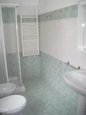 Helles Badezimmer mit grünen Fliesen, Dusche mit Glastür, Handtuchheizkörper und Waschbecken sowie WC