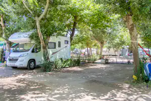 Wohnmobil auf einem Stellplatz im Grünen, mit Markise, Bäumen und Hecken am Campingplatz.
