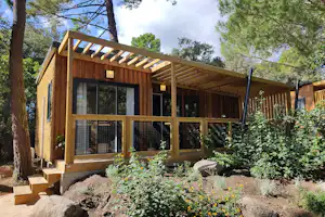 Holzbungalow mit großer Terrasse, Sitzbereich und Fenstern, umgeben von Büschen und Bäumen auf einem Campingplatz.
