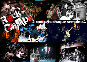 Live-Konzert im Club: Musiker auf der Bühne mit Gitarren, Schlagzeug und Publikum im Vordergrund.