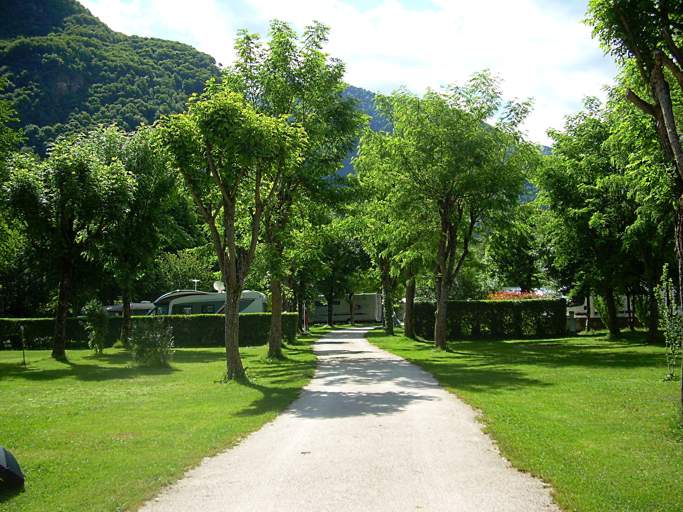 Schmaler Campingweg durch einen grünen Garten mit Bäumen, Hecken und einem Wohnmobil am Rand.