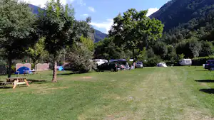 Campingwiese mit Wohnwagen und mehreren Autos, umgeben von Bäumen und Bergen im Hintergrund.