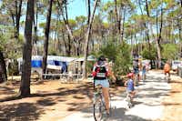 Camping Baia Verde - Radler auf einer Strasse des Campingplatzes mit Stellplätzen unter Bäumen an den Seiten