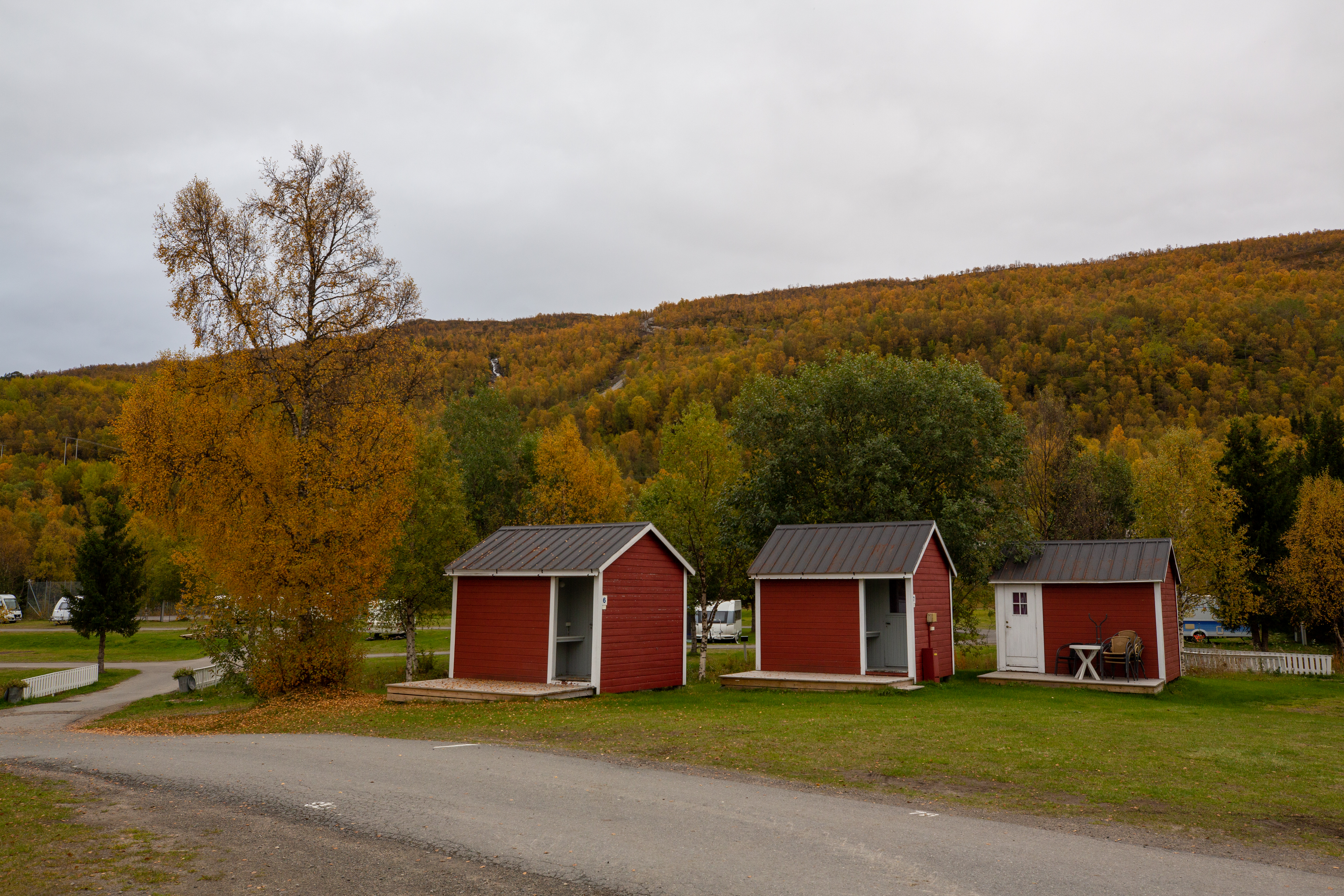 Rote Camping-Unterkünfte mit Schiebetüren am Weg, davor Rasen und Bänke, im Hintergrund bunte Hügel und Bäume.