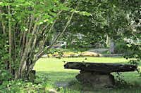 Camping Balmweid - Steintisch zwischen Bäumen mit Wohnwagen im Hintergrund