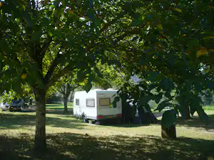 Wohnwagen auf einem Campingplatz im Grünen, umgeben von Bäumen und Rasen, mit Vorzelt und geparktem Auto daneben.