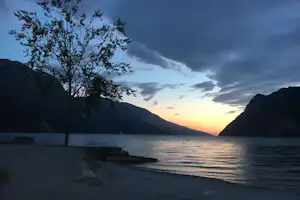 Baum am Seeufer vor dunklen Bergen, ruhiges Wasser und Abendhimmel mit Wolken und warmem Licht.