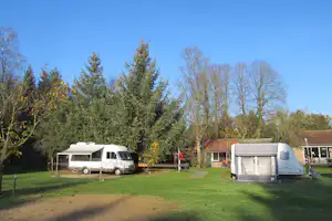 Wohnmobile auf einem Stellplatz zwischen Bäumen, mit Vorzelten und einem Weg am Rand des Campingplatzes.