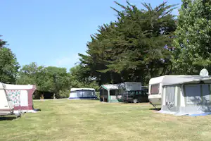 Wohnwagen und Zelte auf einem grünen Campingplatz, mit mehreren Fahrzeugen und großen Bäumen im Hintergrund.