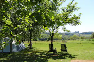 Camping Belle Vue - Liegestühle unter einem Baum vor einem Standplatz auf der Wiese