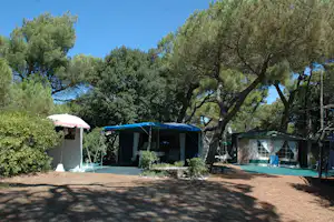 Zelt mit Vorzelt auf einem Campingplatz zwischen Bäumen, daneben weitere Zelte und ein gepflasterter Stellplatz.