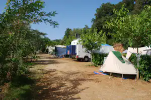 Camping Blucamp - Weg auf dem Campingplatz mit Stellplätzen an der Seite