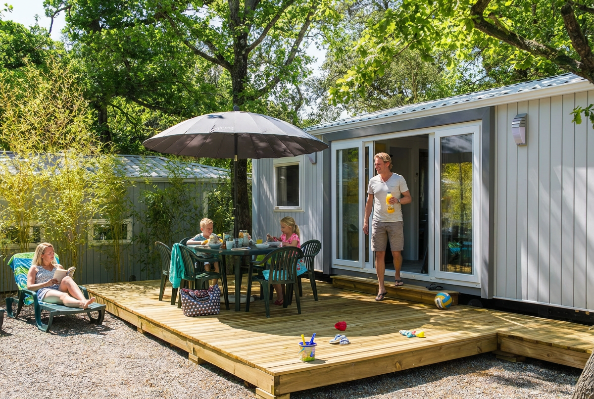 Camping Bois de Valmarie - Mobilheim mit Terrasse auf dem Campingplatz