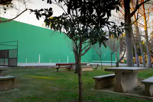Grüne Umzäunung am Campingplatz, davor ein Baum und mehrere Betontische mit Bänken im Gras.