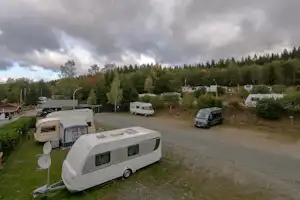 Wohnwagen und Campingbusse auf einem Stellplatz, umgeben von Bäumen und Büschen, mit Zufahrtsstraße im Hintergrund.