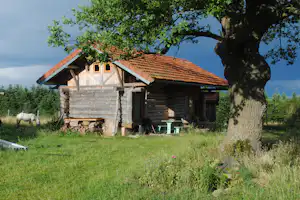 Holz-Ferienhaus mit rotem Ziegeldach auf grünem Rasen, davor Bank und Tisch, im Hintergrund Wiese und Baum.
