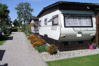 Camping Bruggerhorn - Wohnwagen mit Holzverkleidung und Beeten im Dauercamperbereich des Campingplatzes