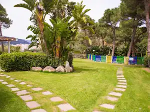 Grüner Campingplatz mit Rasenweg, Palmen und Hecke, im Hintergrund Gebäude und ein blauer Zaun.