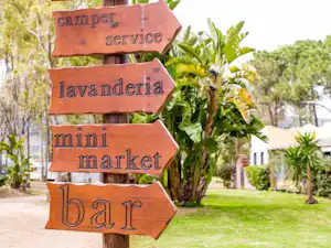 Holzwegweiser mit Aufschriften „Can per service“, „lavanderia“, „mini market“ und „bar“ im Campinggarten mit Bäumen und Rasen.