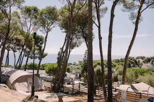 Sènia Cala Gogo Camping Cala Gogo - Blick auf die Stellplätze mit Aussicht auf das Meer