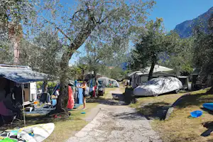 Campingplatz mit Zelten und Wohnwagen entlang eines Wegs, Olivenbäume und Berge im Hintergrund.