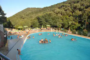 Camping Canapai - Gäste liegen am Pool umringt von Wald