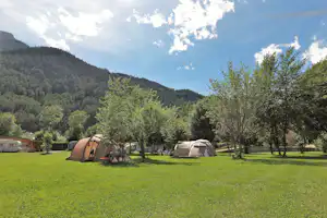 Zelte auf einer grünen Wiese, Bäume im Vordergrund und Berge im Hintergrund unter wolkenreichem Himmel.