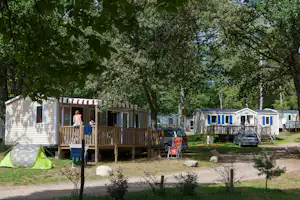 Mobilheime auf einem Campingplatz im Grünen, Holzterrassen und geparkte Autos zwischen hohen Bäumen.