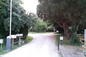 Einfahrt zum Campingplatz mit Kiesweg, Rezeption-Schildern und Bäumen, links Hecke und rechts Rasenfläche.