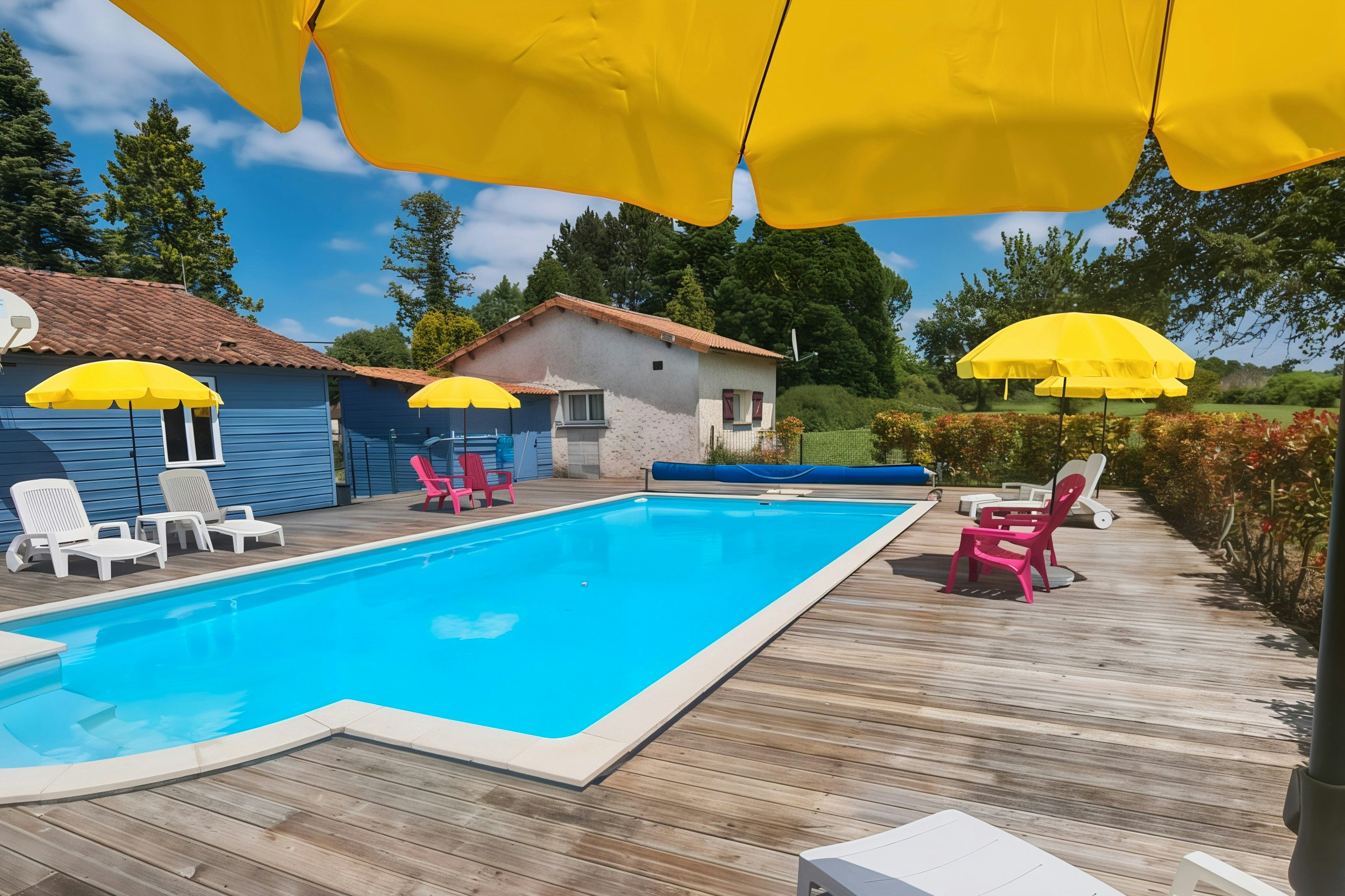 Camping Chez Philipaud  - Pool im Freien mit Liegestühlen und Sonnenschirmen