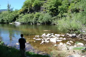 Flussufer mit Steinen am Ufer, grünen Bäumen und einem Blick auf das ruhige Wasser.
