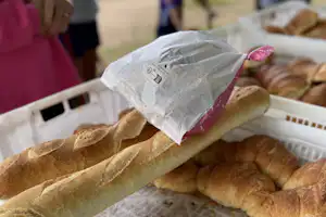 Brot und Croissants in einer weißen Box, daneben verpackte Brötchen, im Hintergrund Personen am Campingplatz.