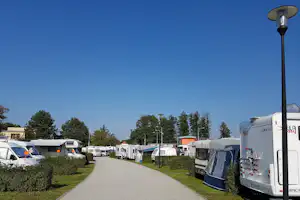 Wohnmobil-Stellplätze in einer Campingplatz-Gasse, Hecken und Bäume, im Hintergrund weitere Fahrzeuge unter blauem Himmel.