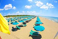 Camping Cieloverde - Der Strand des Mittelmeers mit Liegestühlen und Sonnenschirmen in der Nähe des Campingplatzes