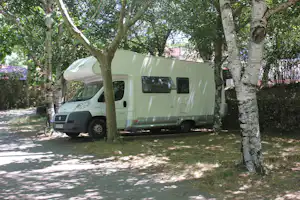 Camping Cinco Castaños - Wohnmobil unter Bäumen auf dem Campingplatz