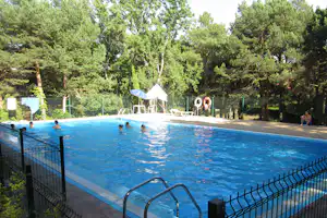 Schwimmbecken auf dem Campingplatz mit Zaun, Sonnenschirmen und Spielbereich, umgeben von hohen Bäumen im Grünen.
