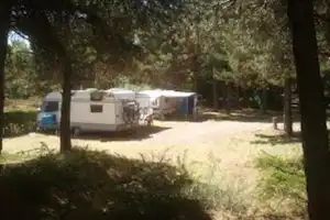 Wohnwagen auf einem Campingplatz im Wald, mit Kiesweg und Bäumen im Vordergrund.
