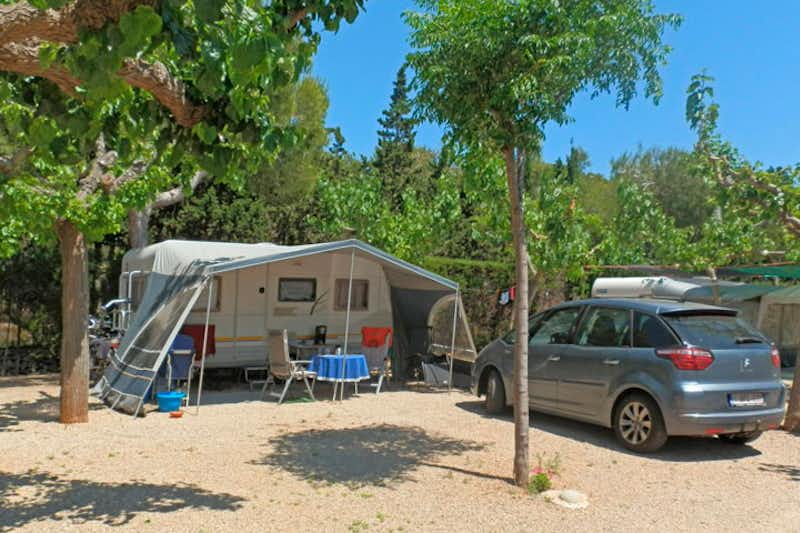 Camping Clara  -  Wohnwagen auf dem Stellplatz vom Campingplatz zwischen Bäumen