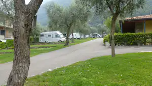 Wohnmobil auf dem Campingplatz entlang einer Allee, gepflasterter Weg, Rasen und Bäume neben einem Gebäude.