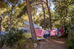Wohnwagen und Campingbus unter hohen Bäumen, Wäscheleine mit Handtüchern, Stellplatzweg und Steine im Hintergrund.
