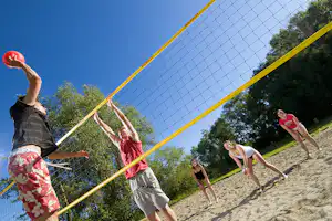 Beachvolleyball-Spieler am Netz auf dem Sand, im Hintergrund Bäume und grünes Gelände.