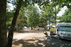 Campingplatz mit Stellplätzen im Schatten der Bäume, Wohnmobil rechts und Zelt im Hintergrund entlang des Kieswegs.