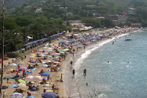 Blick auf einen Strand mit vielen Sonnenschirmen und Liegen, am Ufer entlang führt ein Weg, im Hintergrund Hotels und Bäume.