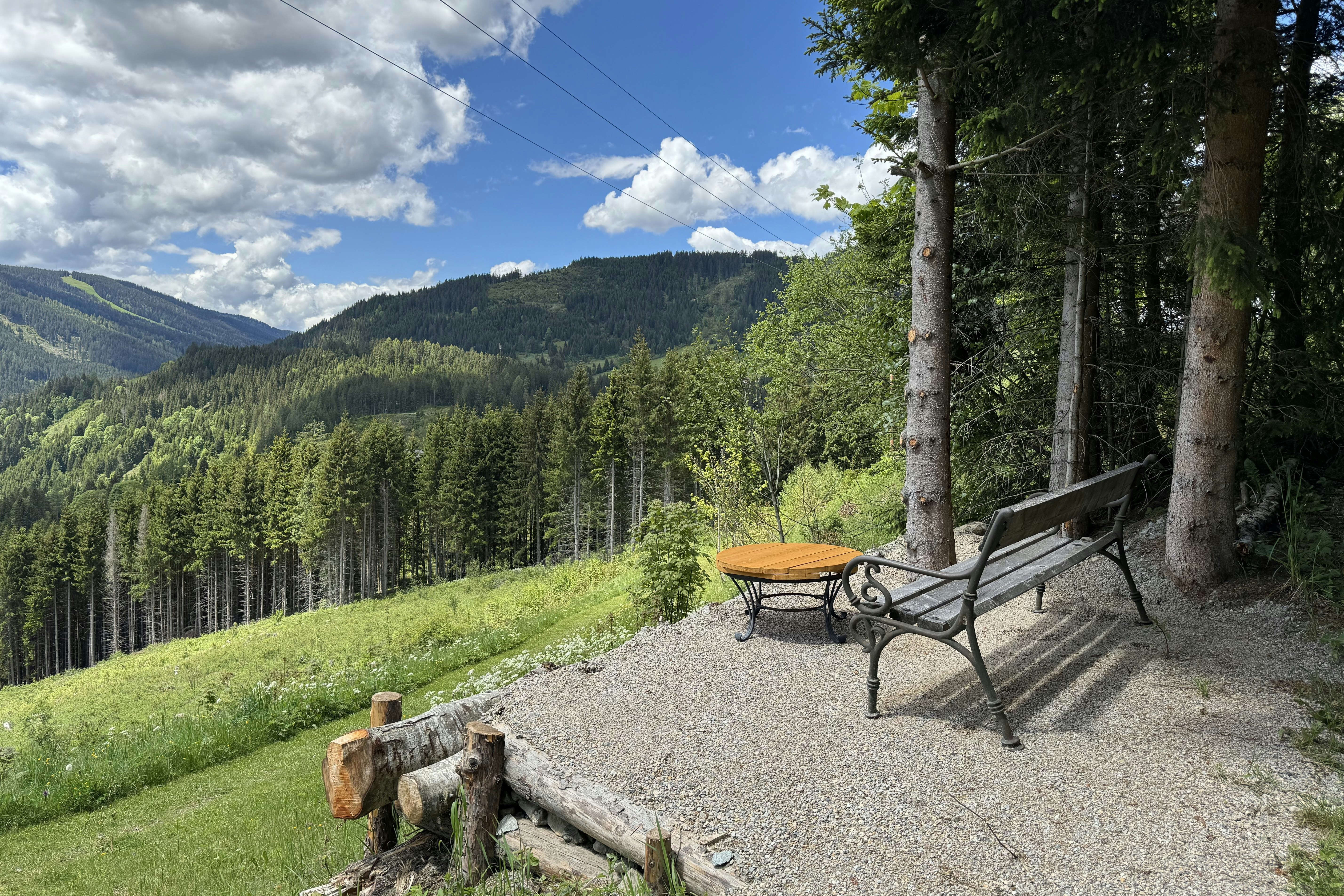 Camping Dachstein - Bank mit Ausblick auf den Wald